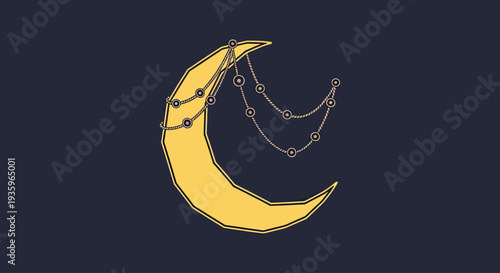 Crescent Moon with Star Garland on Dark Night Sky Background