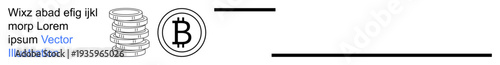 Cryptocurrency, blockchain technology, bitcoin investment, financial transactions, digital economy, online payments. Stacked coins next to a bitcoin symbol. Cryptocurrency and blockchain technology