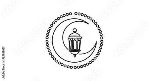 Islamic crescent moon with lantern and prayer beads, Ramadan symbol