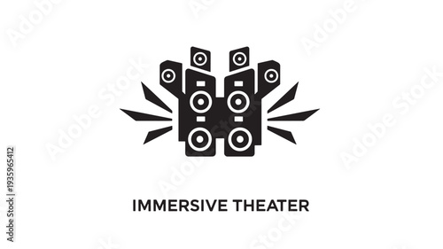 A black and white logo featuring a stylized sound system with speakers, representing an immersive theater experience with high-quality audio, creating a dynamic and engaging atmosphere.