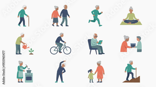 Active senior icon set depicting various lifestyle activities such as fitness, gardening, and technology use in a modern, flat design style