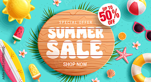 Summer sale advertisement with beach items and palm leaves on blue background