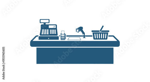 Checkout Counter with Cash Register and Basket.