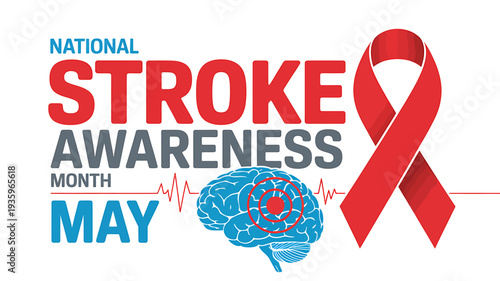 National Stroke Awareness Month May health campaign logo with brain and red ribbon