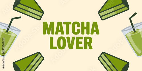 Matcha lover text with green tea drinks and sandwiches on beige background