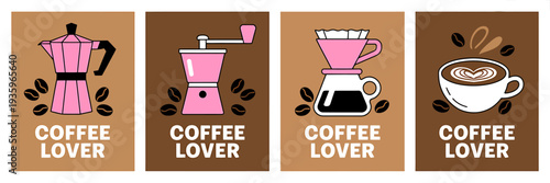 Four coffee lover badges with coffee maker cup and bean illustrations