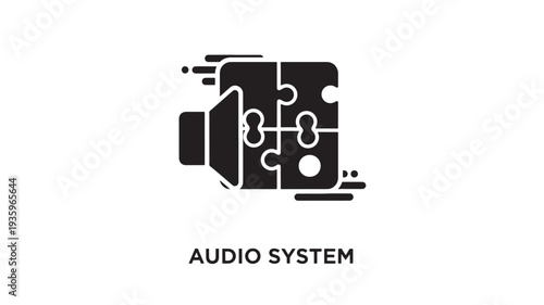 A stylized black vector graphic of an audio system with puzzle pieces and a speaker, on a white background, representing sound equipment and technology