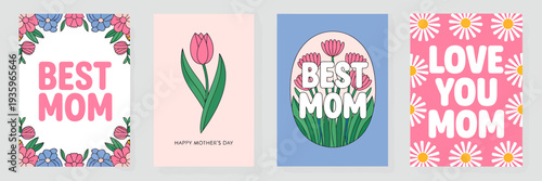 Mothers Day cards with floral designs and loving messages on grey background