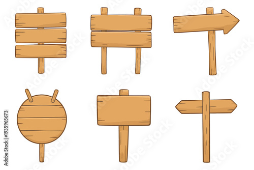 Set of wooden signs on white background for direction and information purposes