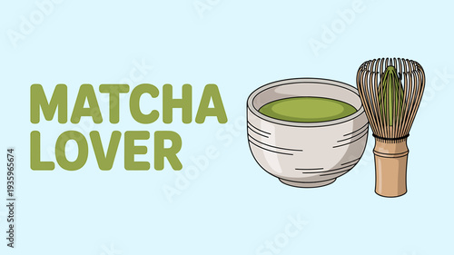 Matcha green tea bowl with bamboo whisk and text on blue background