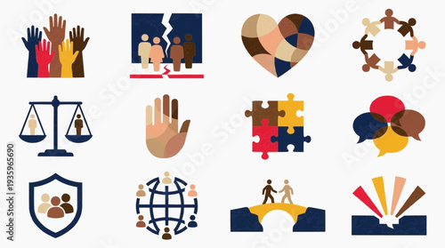 Diverse community promoting stop discrimination and racism through support and inclusivity icon set representing equality and social justice