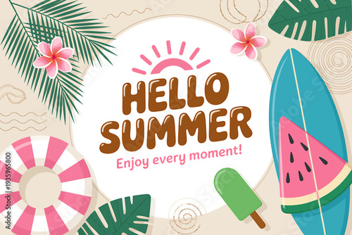 Summer vacation concept with surfboard watermelon and ice cream