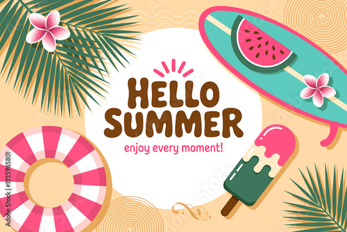 Hello summer graphic with surfboard and ice cream  tropical beach fun
