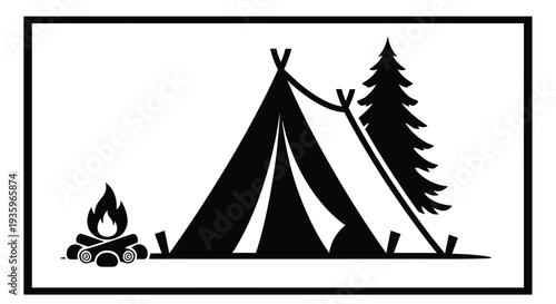 Black silhouette of a teepee campfire and pine tree against a white background