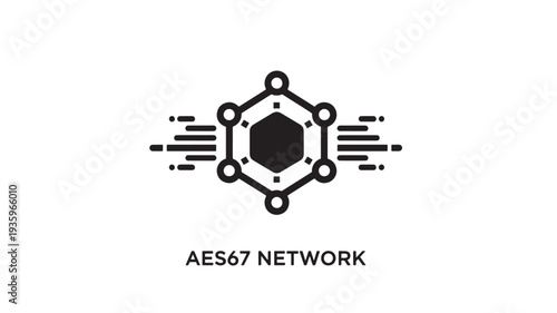 A modern black vector graphic depicting the AES67 network logo, featuring a stylized hexagon with connected nodes on a white background, representing advanced technology and connectivity.