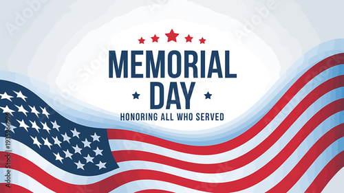 Memorial Day American flag waving with patriotic text and stars