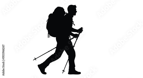 Silhouette of a hiker with backpack and trekking poles in motion