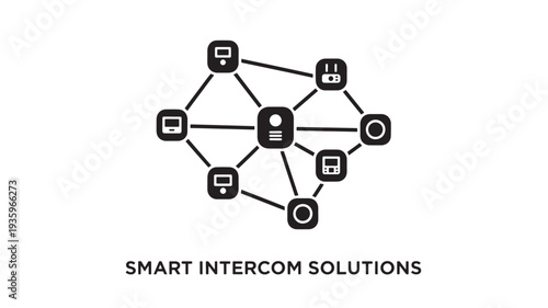 A vector graphic of a smart intercom solutions logo with network connection icons on a white background, representing modern communication technology.