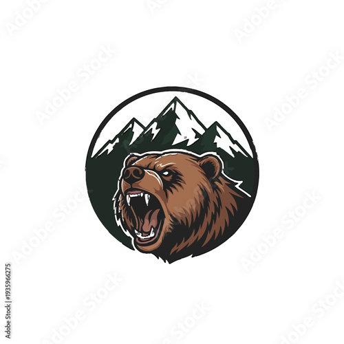 Vector illustration of a roaring brown bear's head against a mountainous landscape.