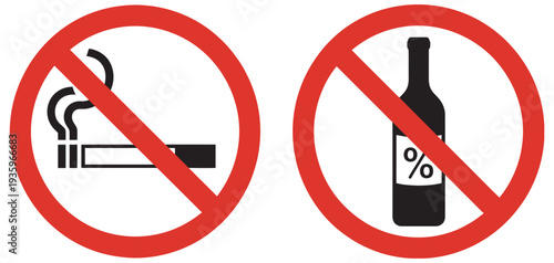 No smoking and no alcohol signs, prohibition symbols, health safety warnings, isolated graphic icons, vector illustration set