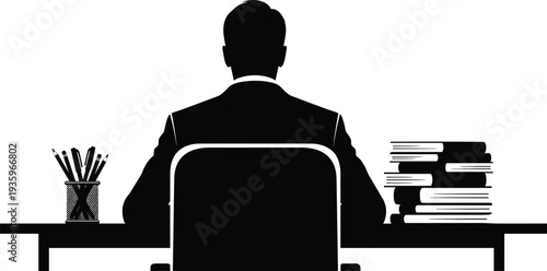 Businessman silhouette sitting at desk with books and pencils, office workspace concept, professional work environment illustration