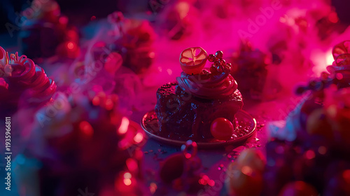 Wallpaper Mural Delicious chocolate cake with orange slice on top in vibrant pink neon light Torontodigital.ca