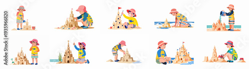 Cute cartoon boy building sandcastles on the beach, enjoying playful summer vacation activities with creative imagination and beach toys.