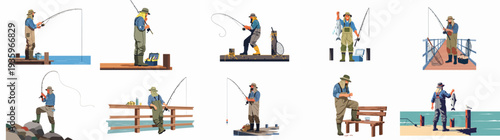 Diverse illustrations capture the essence of fishing: men casting lines, catching fish, and preparing tackle on serene docks, piers, and rugged coastlines.