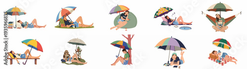 Collection of diverse illustrations featuring young women enjoying outdoor leisure, relaxation, and reading under colorful umbrellas.