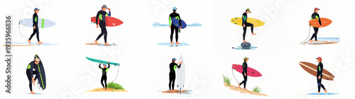 Collection of male surfers in wetsuits carrying surfboards on the beach and in shallow water, ready for ocean sports and recreation.