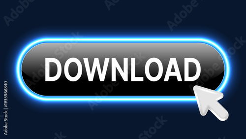 Glowing Download Button with Neon Blue Light and Cursor Click Icon Web Interface Vector Illustration
