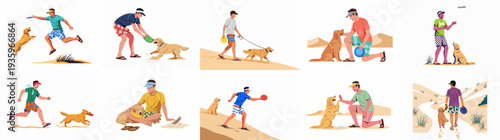 Men and Golden Retrievers enjoying various activities together on the sandy beach, illustrating pet companionship and active outdoor fun.