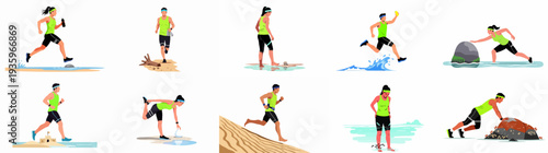 Diverse athletes engaged in beach and water running, stretching, and obstacle navigation, illustrating outdoor fitness and active coastal lifestyles.
