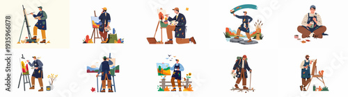 Artists enjoying creative pursuits outdoors, capturing beautiful autumn landscapes in diverse nature settings with paints and easels.