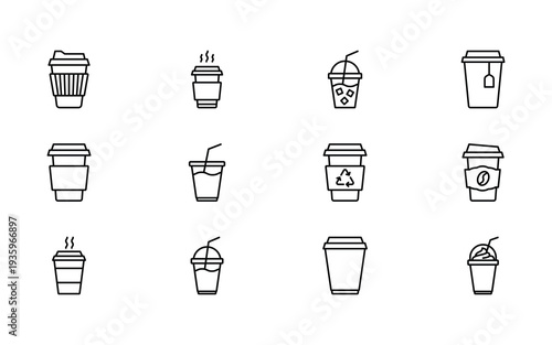 Collection of minimalist line icons featuring various disposable coffee and tea cups for takeout.