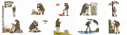 Nature enthusiasts observe and document bird nests and wildlife in diverse outdoor environments using binoculars, cameras, and notebooks.