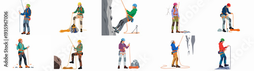 Illustrations of diverse climbers and mountaineers demonstrating various rock climbing and rappelling techniques with essential safety gear and ropes.