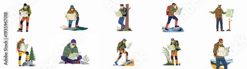 Collection of hikers and trekkers using maps to navigate trails, showcasing outdoor adventure, exploration, and wilderness travel.