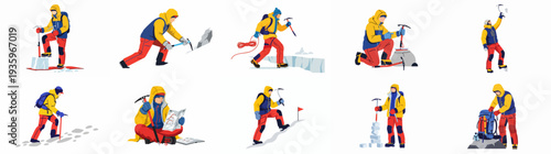 Mountaineer and Ice Climber Activities Set: Diverse illustrations showing adventure, equipment use, navigation, and ascent in icy, challenging environments.
