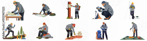 Expedition and Outdoor Adventure: A comprehensive set of illustrations depicting mapping, navigation, camping, wildlife tracking, and gear preparation for hikers and explorers.