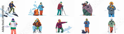 Winter Mountain Photography Adventures: People in Warm Gear Capturing Snowy Landscapes, Hiking, and Exploring with Cameras and Equipment.