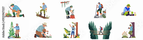 Diverse illustrations of naturalists, hikers, and botanists exploring, studying, and documenting nature in various outdoor environments.