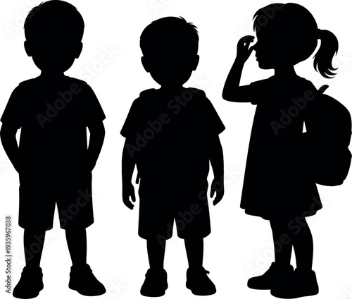 Three black silhouettes of children standing against a white background, representing kids and education