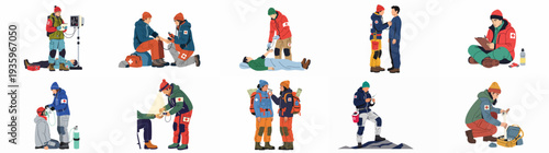 Rescue workers performing first aid, medical checks, and patient care in various outdoor situations.
