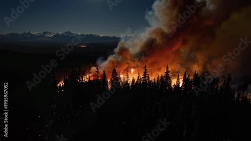 Forest Fire Burning at Night with Smoke.