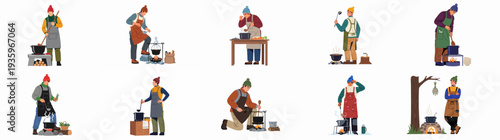 Men cooking outdoors over open fires, preparing rustic meals in pots with ladles and spoons, illustrating various winter and camping culinary activities.