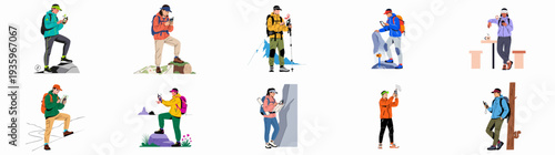 Hikers and adventurers using smartphones, GPS devices, and maps for navigation and communication during diverse outdoor activities and exploration.