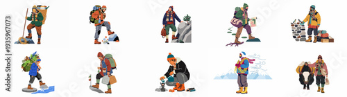 Diverse flat vector illustrations of mountain exploration and traditional life, featuring hikers, trekkers, and villagers carrying supplies, camping, and navigating rugged terrain.