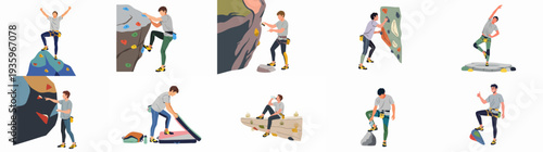 Diverse Collection of Male Climbers Bouldering and Rock Climbing Illustrations, Showing Preparation, Action, Success, and Rest