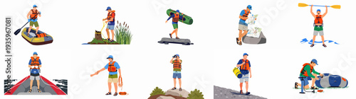 Outdoor Adventure: Man Engages in Rafting Activities, From Preparation and Navigation to Paddling and Water Sports Excitement.